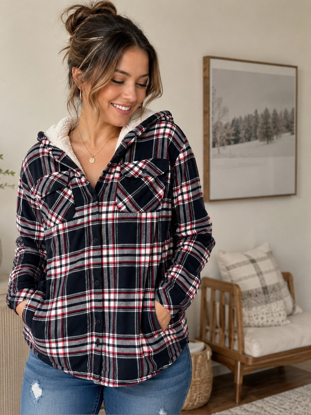 Boston Traders Women’s Sherpa Lined Plaid Hooded Shacket Jacket Size L